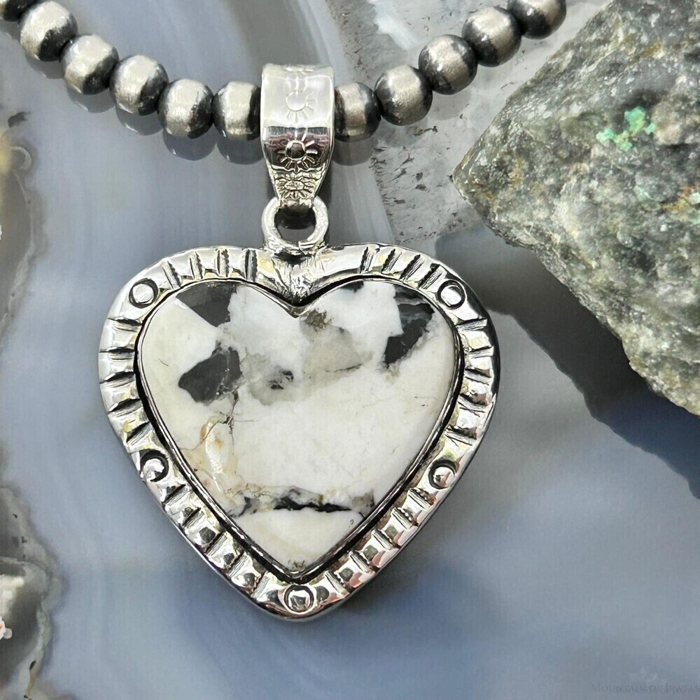 Sterling Southwestern Style White Buffalo Decorated Heart Pendant For Women #3
